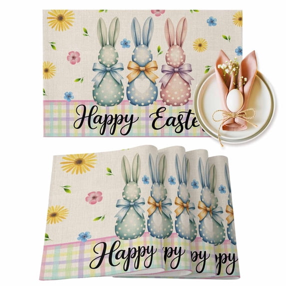 Easter Bunny Placemats Set of 4, Colorful Eggs Bow Rabbit Flower Polka Dots Linen Texture Heat Insulated Linen Place Mats, Washable Stain-Proof Table Mats for Dining Tables Holiday Decor 13x19 Inches