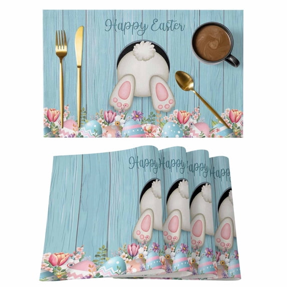 Easter Bunny Placemats Set of 4, Colorful Eggs Cute Rabbit Blue Country Wooden Placemats for Dining Table, Place Mats for Kitchen Tabletop, Waterproof Wipeable Dining Table Mats Set