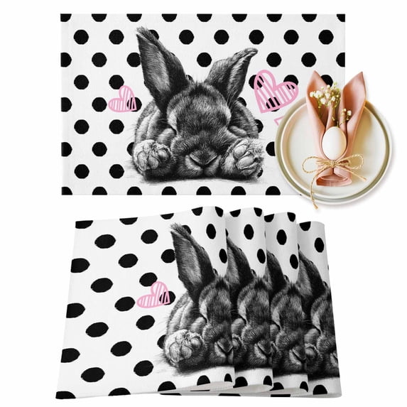 Easter Bunny Placemats Set of 4, Cute Gray Rabbit Pink Heart Farm Country Black Polka Dots Heat Insulated Linen Place Mats, Washable Stain-Proof Table Mats for Dining Table Holiday Decor 13x19 Inches