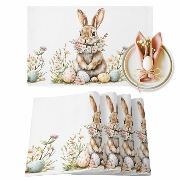 Easter Bunny Placemats Set of 4, Eggs Wreath Heat Insulated Linen Place Mats, Washable Stain-Proof Table Mats for Dining Tables Holiday Decor 13x19 Inches