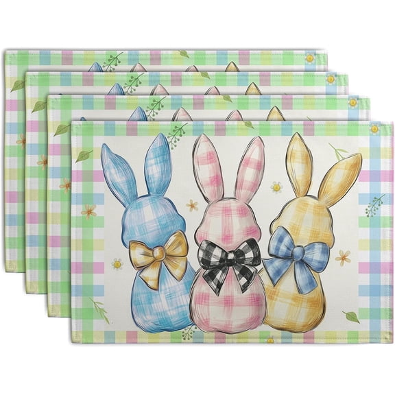 Easter Bunny Placemats Set of 4 Green Blue Pink Yellow Buffalo Plaid Rabbits Floral Bow Place Mats 12x18 Inch Happy Easter Table Mats for Spring Party Kitchen Dining Holiday Decor