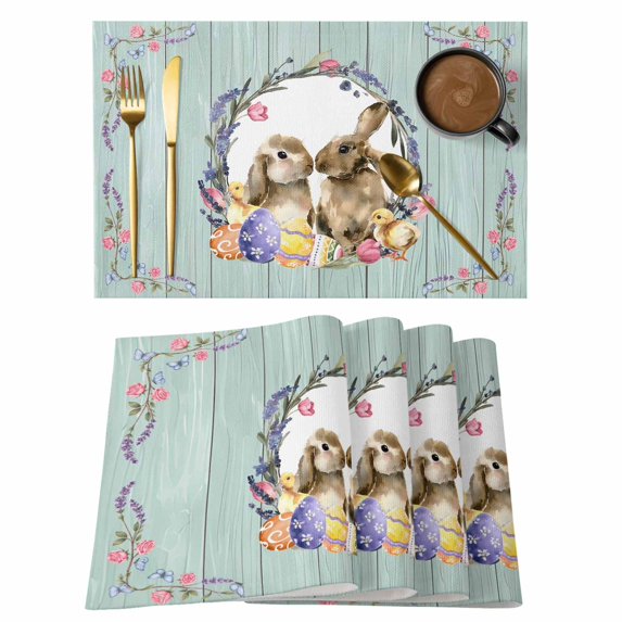Easter Bunny Placemats Set of 4, Spring Easter Eggs Chick Floral Teal Wood Placemats for Dining Table, Place Mats for Kitchen Tabletop, Waterproof Wipeable Dining Table Mats Set