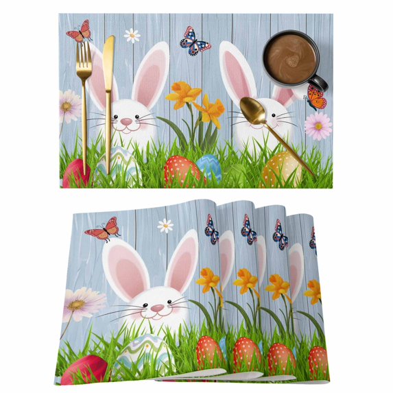 Easter Bunny Placemats Set of 4, Spring Easter Eggs Floral Blue Woodn Placemats for Dining Table, Place Mats for Kitchen Tabletop, Waterproof Wipeable Dining Table Mats Set