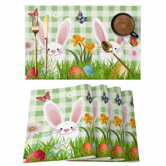 Easter Bunny Placemats Set of 4, Spring Easter Eggs Floral Sage Green Plaid Placemats for Dining Table, Place Mats for Kitchen Tabletop, Waterproof Wipeable Dining Table Mats Set