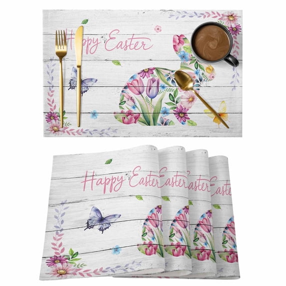 Easter Bunny Placemats Set of 4, Spring Flower Daisy Tulips Farmhouse Wood Plank Placemats for Dining Table, Place Mats for Kitchen Tabletop, Waterproof Wipeable Dining Table Mats Set