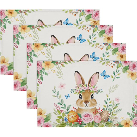 Easter Bunny Placemats Set of 6 18x12 Inch Easter Eggs Rabbit and Floral Linen Place Mats Heat-Resistant Washable Wipeable Spring Flowers Table Mat for Party Kitchen Dining Room Dinner Table Decor