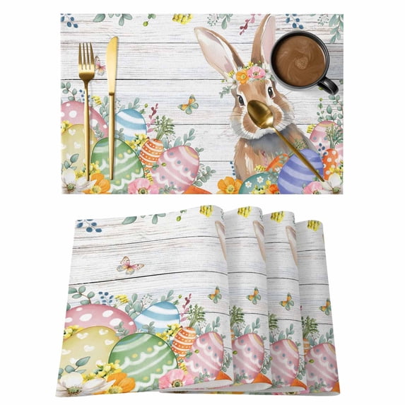 Easter Bunny Placemats Set of 6 Colorful Easter Eggs Eucalyptus Grey Wooden Place Mats Indoor Wipeable Table Mats Washable Cloth Dining Table Placemats for Kitchen Holiday Party Home Decor 13x19 Inch