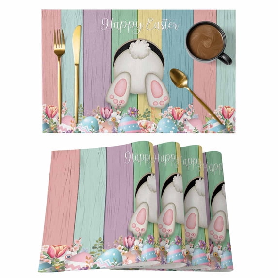 Easter Bunny Placemats Set of 6, Cute Rabbit Eggs Flowers Colorful Wood Plank Placemats for Dining Table, Place Mats for Kitchen Tabletop, Waterproof Wipeable Dining Table Mats Set
