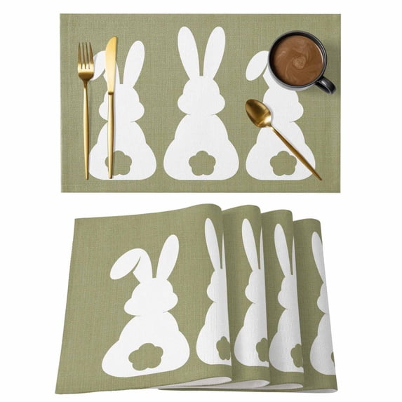 Easter Bunny Placemats Set of 6, Cute Rabbit Family Vintage Green Abstract Placemats for Dining Table, Place Mats for Kitchen Tabletop, Waterproof Wipeable Dining Table Mats Set