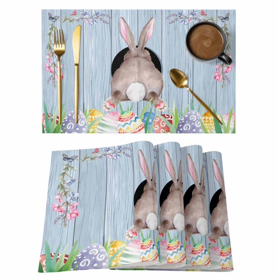 Easter Bunny Placemats Set of 6, Eggs Cute Rabbit Purple Wooden Grain Rustic Placemats for Dining Table, Place Mats for Kitchen Tabletop, Waterproof Wipeable Dining Table Mats Set