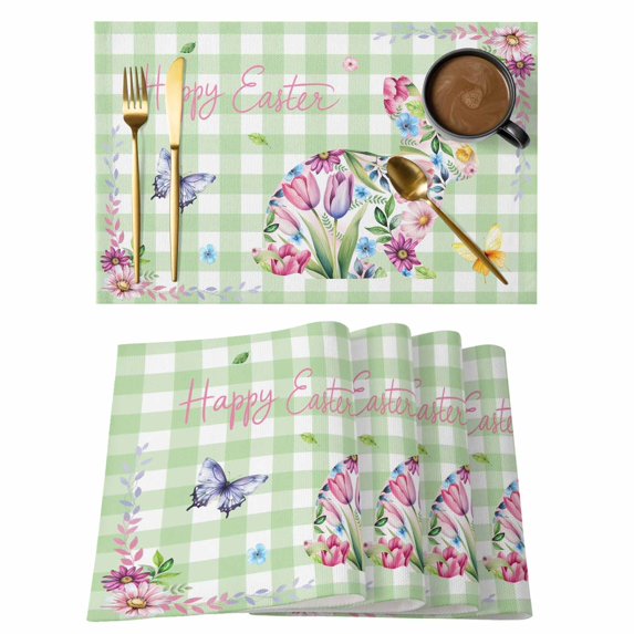 Easter Bunny Placemats Set of 6, Spring Flower Daisy Tulips Green Checkered Placemats for Dining Table, Place Mats for Kitchen Tabletop, Waterproof Wipeable Dining Table Mats Set