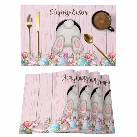 Easter Bunny Placemats Set of 8, Colorful Eggs Cute Rabbit Pink Country Wooden Placemats for Dining Table, Place Mats for Kitchen Tabletop, Waterproof Wipeable Dining Table Mats Set