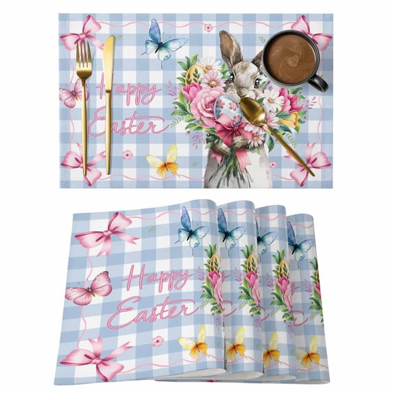 Easter Bunny Placemats Set of 8, Cute Rabbits Spring Daisy Flowers Blue Plaid Placemats for Dining Table, Place Mats for Kitchen Tabletop, Waterproof Wipeable Dining Table Mats Set