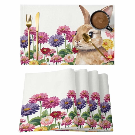 Easter Bunny Placemats Set of 8, Spring Colorful Daisy Flowers Rabbit Rustic Placemats for Dining Table, Place Mats for Kitchen Tabletop, Waterproof Wipeable Dining Table Mats Set