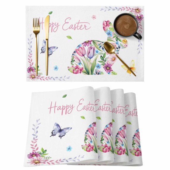 Easter Bunny Placemats Set of 8, Spring Flower Daisy Tulips Pastoral Butterfly Placemats for Dining Table, Place Mats for Kitchen Tabletop, Waterproof Wipeable Dining Table Mats Set