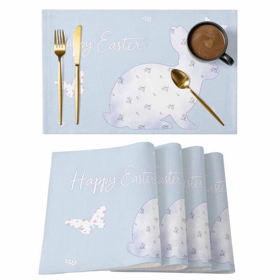 Easter Bunny Placemats Set of 8, Watercolor Butterfly Cute Rabbit Flowers Blue Placemats for Dining Table, Place Mats for Kitchen Tabletop, Waterproof Wipeable Dining Table Mats Set