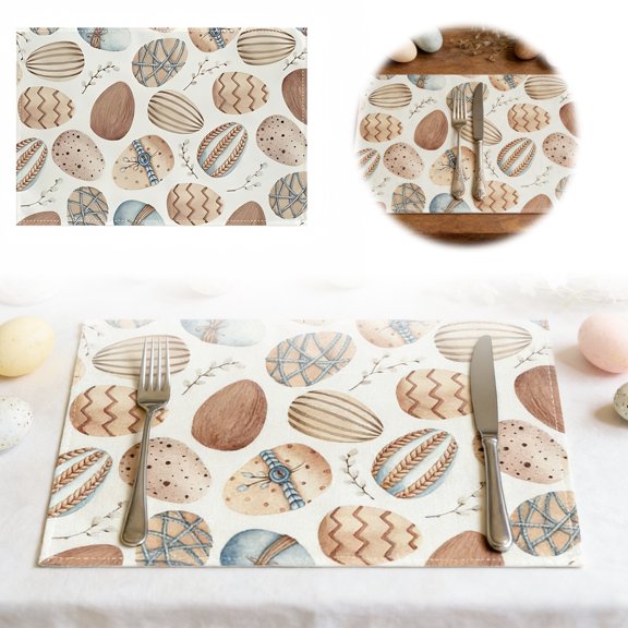 Easter Bunny Placemats Set, Holiday Party Linen Print Table Mats, Heat Resistant Dining Table Protector, Cute Rabbit Pattern Kitchen Decor, Easy Clean Washable Mats for Easter Brunch and Celebrations
