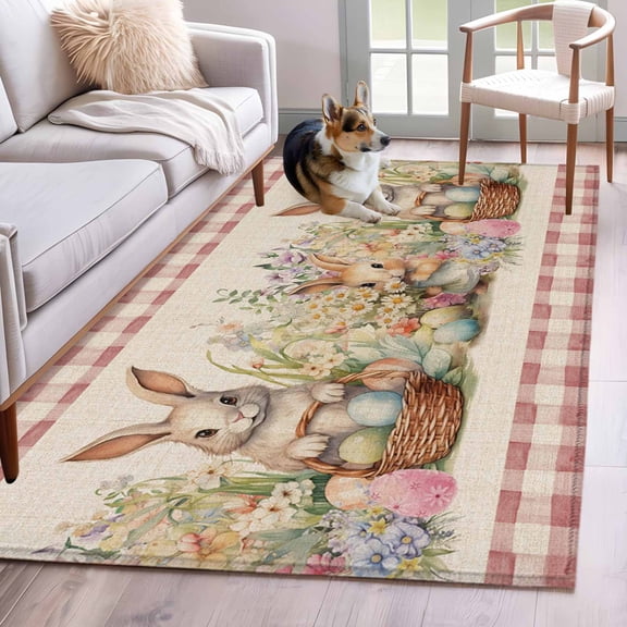 Easter Bunny Plaid, Area Rug 3x5 FT, Non Slip Entryway Bedside Carpet, Spring Garden Flower Eggs Herbs Pink Washable Soft Floor Carpet Indoor Mat Non-Shedding Throw Rugs for Dorm Kitchen Home Office