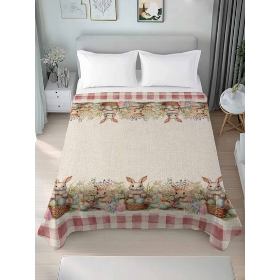 Easter Bunny Plaid, Twim Size Flat Sheet, Wrinkleproof & Fadeproof Cooling Flat Bed Sheet Only, Spring Garden Flower Eggs Herbs Pink Breathable Soft Bedding Top Sheets 66 x 96 Inches