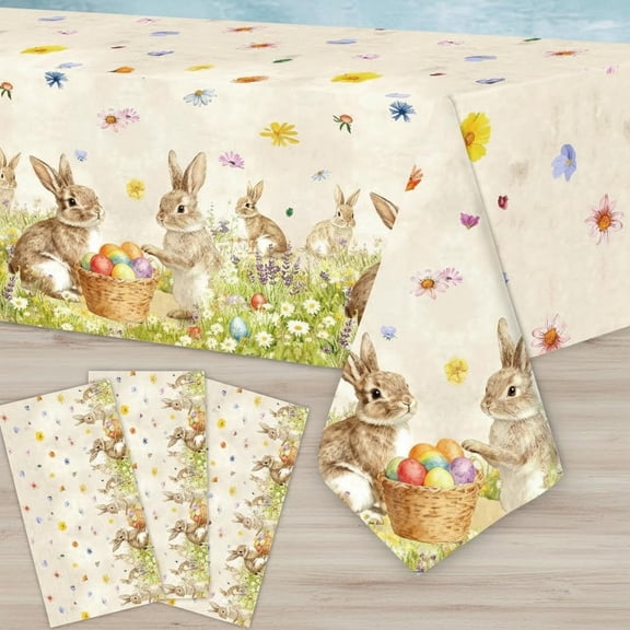 Easter Bunny Plastic Tablecloth Disposable Spring Table Cover with Vintage Rabbit, Eggs, and Wildflower Design for Party, Brunch, and Seasonal Table Decorations