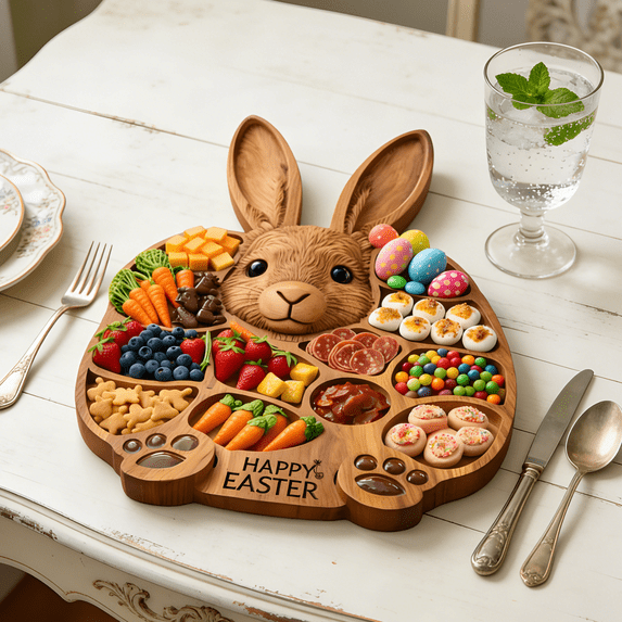 Easter Bunny Plate – Food-Safe Wood Serving Tray with Engraved "Happy Easter" Lettering for Easter Treats, Candy, and Easter Decor (11 Inch)