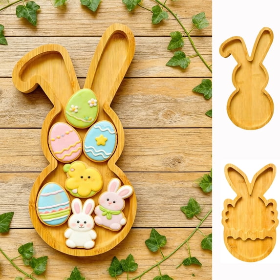 Easter Bunny Plate, Rabbit Shaped Wooden Platter, Cute Divided Fruit Tray Natural Snack Platter For Outdoor Travel Birthday Christmas Party