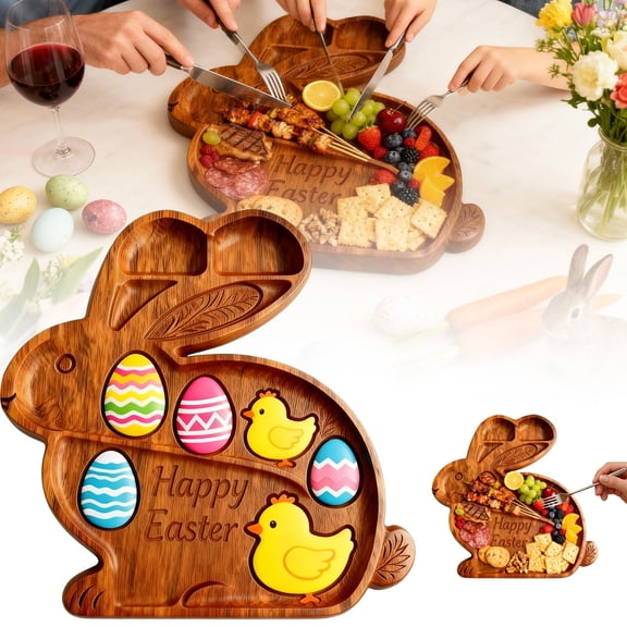 Easter Bunny Plates Rabbit Wooden Serving Platter Rustic Decorative Salad Plates Wood Charcuterie Tray For Dinner Dessert Appetizer Candy Bread Display Parties Holidays Decoration(Bunny)