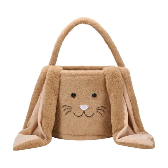 Easter Bunny Plush Basket, 9.5x8" Soft Flock Fabric Handbag with Floppy Rabbit Ears Tote for Easter Egg Hunts, Candy & Gifts Decor