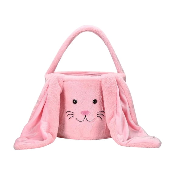 Easter Bunny Plush Basket, 9.5x8" Soft Flock Fabric Handbag with Floppy Rabbit Ears Tote for Easter Egg Hunts, Candy & Gifts Decor