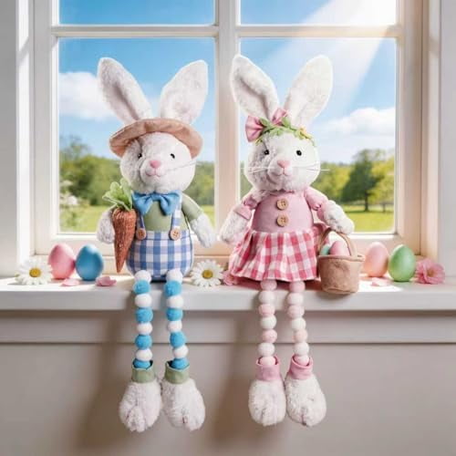 Easter Bunny Plush Decorations - 2PCS Long Dangle Leg Easter Rabbit Gnomes Hold Egg Basket & Carrot, Stuffed Dolls Handmade for Home Table Ornament, Tiered Tray Decor$$Home Decor, Kitchen, & Other
