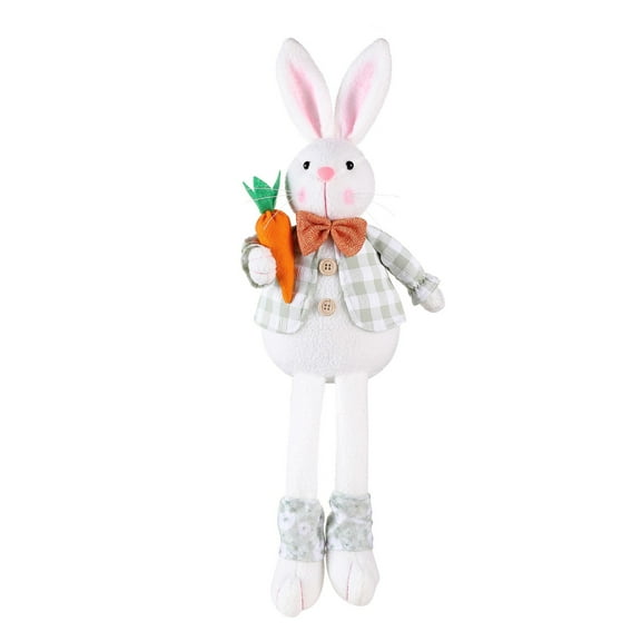Easter Bunny Plush Doll Figurine Decoration, A Charming Stuffed Animal For Festive Decor, Featuring A Decorative Bow, A Delicate Flower Accent, And A Plaid-Patterned Outfit For
