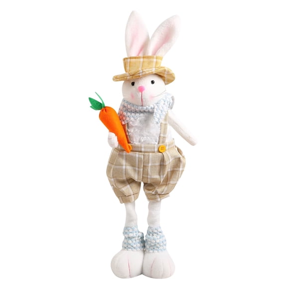 Easter Bunny Plush Doll with Plaid Clothes - Cute Long Legs Standing Stuffed Animal Toy - Spring Easter Table Decorations for Kids Living Room - Soft Plushie Gift for Children