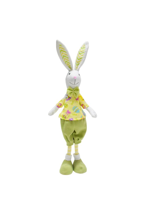 Easter Bunny Plush Doll with Easter Egg Print Shirt & Green Bow Tie, Spring Rabbit Stuffed Animal for Easter Decor, Shelf Display & Gift - 16.5 inch