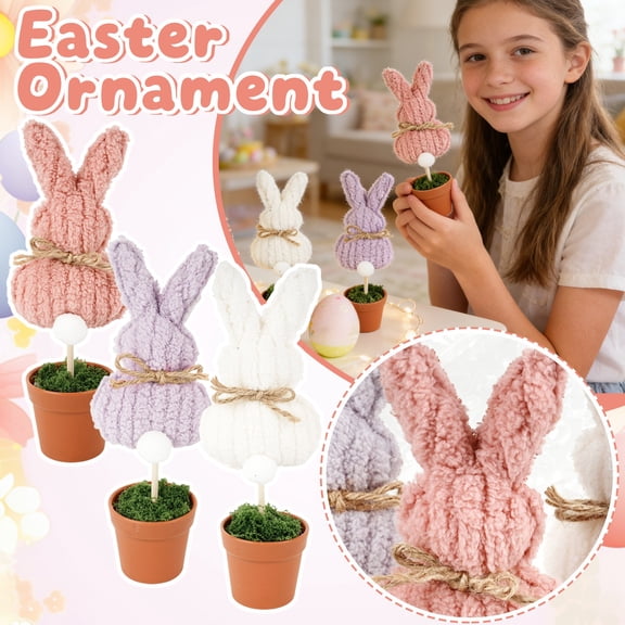 Easter Bunny Plush Flower Pot Decoration 9.8" Pink Rabbits Decorative Ornament Spring Home Decor Tabletop Centerpiece for Living Room Bedroom Party Display A, 1Pcs