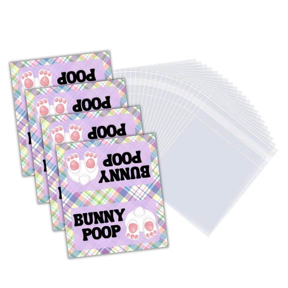Easter Bunny Poop Labels for Easter Bunny Bait  50 Tags & 50 Bags  100 pieces Tags 4x3.5 for Candy Baskets Folded Cards to Staple Plaid Pastel Background