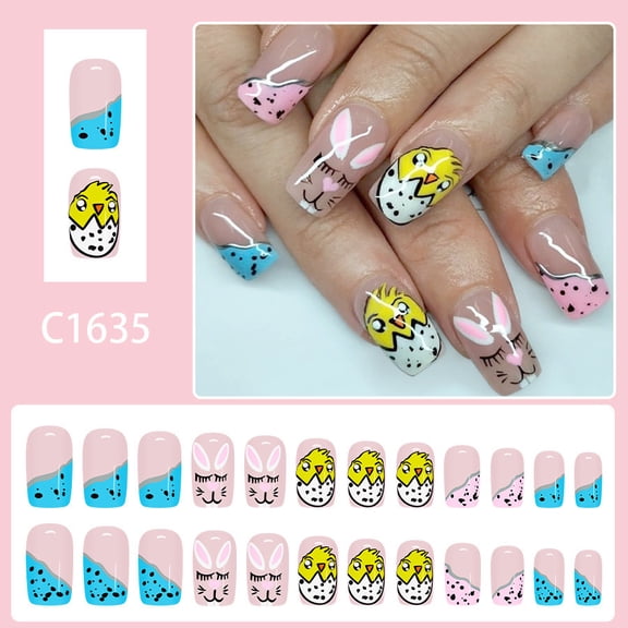 Easter Bunny Press On Nails 24pcs, Short Square Glossy Fake Nails with Pink Bunny & Floral Designs for Spring, Easter Party, Reusable Manicure Set with Nail Glue & Buffer