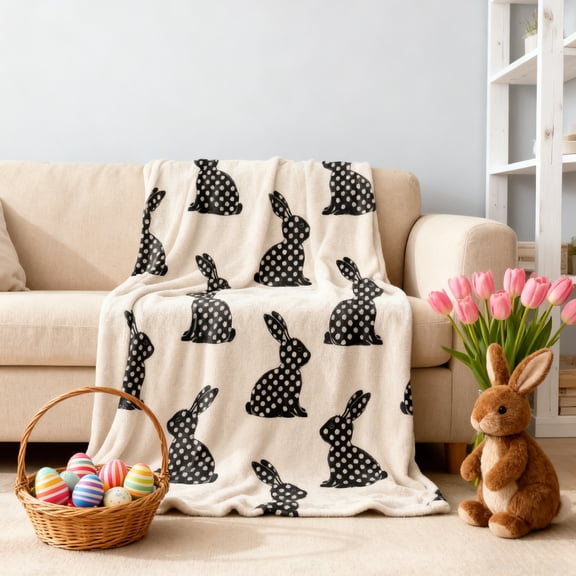 Easter Bunny Print Blanket, Soft Polyester Throw for Sofa Bed, Spring Holiday Home Decor and Picnic Camping Accessory(Black)