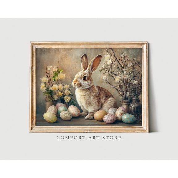 Easter Bunny Print Cute Easter Rabbit Neutral Spring Flower Easter Bunny & Eggs Nursery Wall Art Easter Printable Vintage Decor Rabbit Art, F318, Unframed Canvas Size 16x24