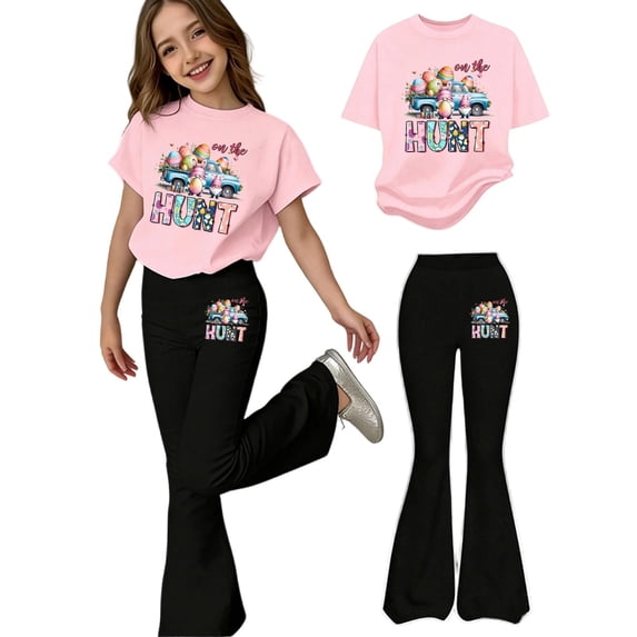 Easter Bunny Print Girls Casual Outfit Short Sleeve Top Flare Leg Pants Two Piece Clothes