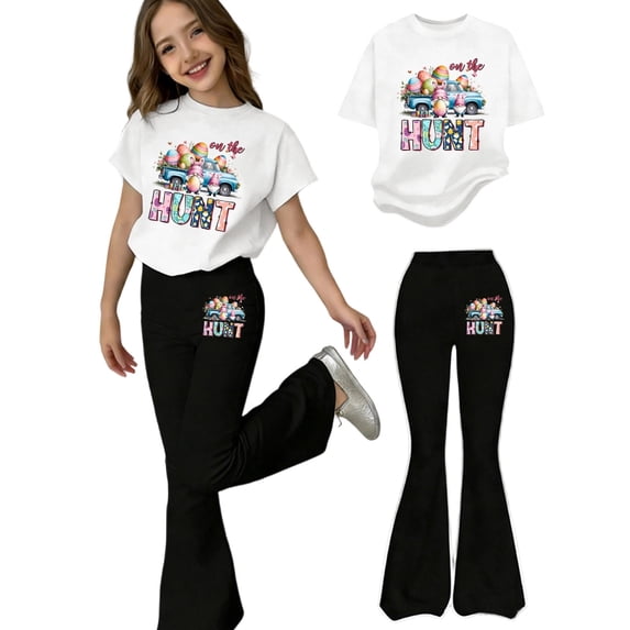 Easter Bunny Print Girls Casual Outfit Short Sleeve Top Flare Leg Pants Two Piece Clothes