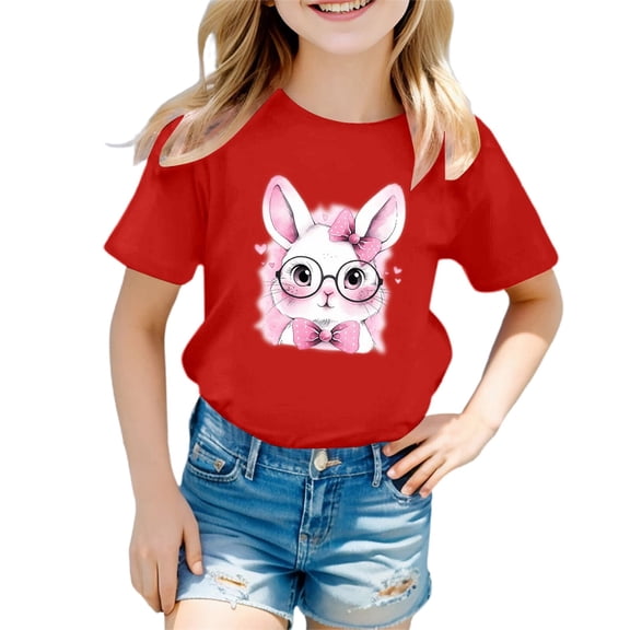 Easter Bunny Print Girls Casual Short Sleeve Round Neck Tee Top for Spring Holiday Outfits Size:3-4 Years