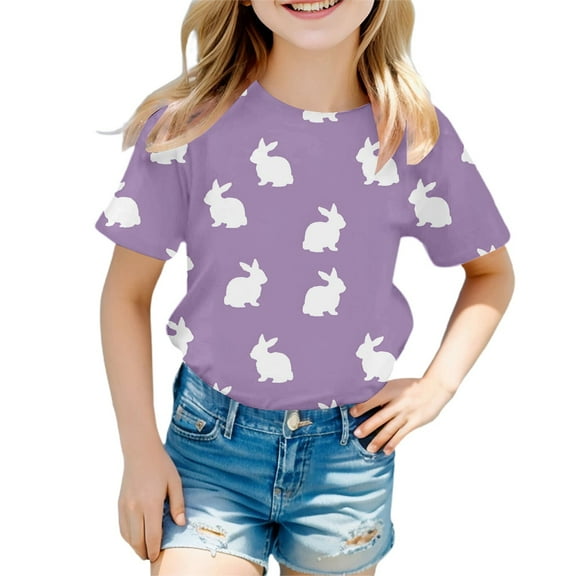 Easter Bunny Print Girls Casual Short Sleeve Round Neck Tee Top for Spring Holiday Outfits Size:6-7 Years
