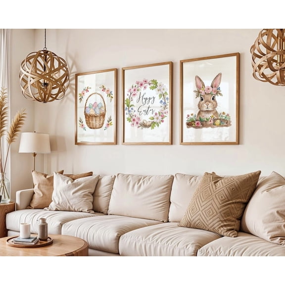 Easter Bunny Print Pastel Floral Spring Nursery DecPoster, Set 3, Poster Only
