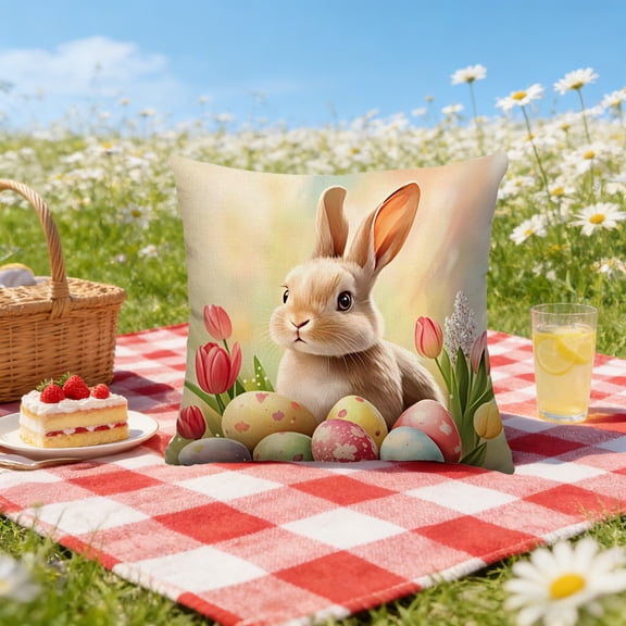 Easter Bunny Print Pillowcase 18x18 Inch – Decorative Spring Throw Pillow Cover for Sofa Couch Bed, Hidden Zipper, Polyester Cushion Cover for Home Holiday Decor