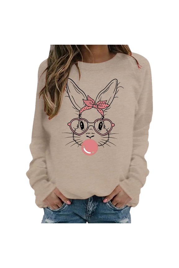 Easter Bunny Print Women's Sweatshirt Long Sleeve Crewneck Relax Fit Spring Casual Pullover Sweater Fall Tops