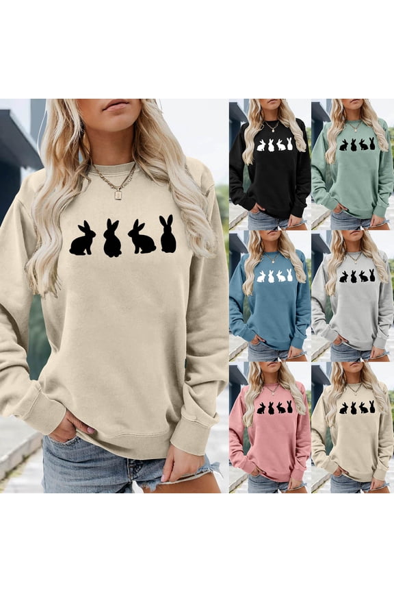 Easter Bunny Print Women's Sweatshirt Long Sleeve Crewneck Relax Fit Spring Fashion Pullover Sweater Fall Tops