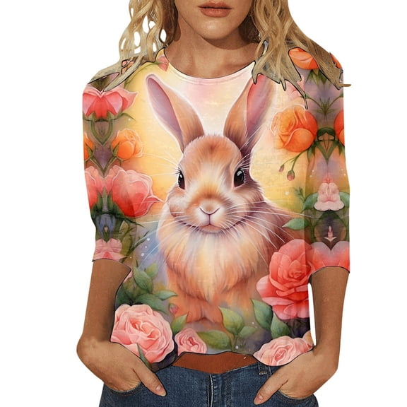Easter Bunny Print Women's Three Quarter Sleeve T Shirt Top For Spring And Summer Fashion V Neck Tee Graphic Solid Workout Tops Women Long Sleeve Shirts for Women Fall T Shirt Women Loose Loose Casual