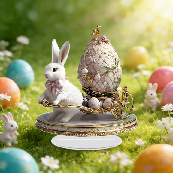 Easter Bunny Pulled Egg Cart Decorative Figurine, Luxury Gold Plated Spring Centerpiece For Home Dining Table Fireplace Mantel Living Room Holiday Decoration