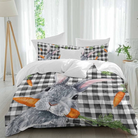 Easter Bunny Queen Size Comforter Set, Easter Rabbit Biting A Carrot Rustic Grey Buffalo Plaid Bedding for All Seasons, 4 Pcs Bed Set, 1Quiltcover (90"x92") ,1Sheet(94"x116"), 2Pillowcases (30"x20")