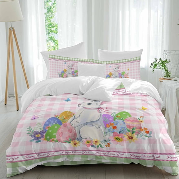 Easter Bunny Queen Size Comforter Set, Spring Colorful Flower Eggs Pink and Green Plaid Bedding for All Seasons, 4 Pcs Bed Set, 1Quiltcover (90"x92") ,1Sheet(94"x116"), 2Pillowcases (30"x20")
